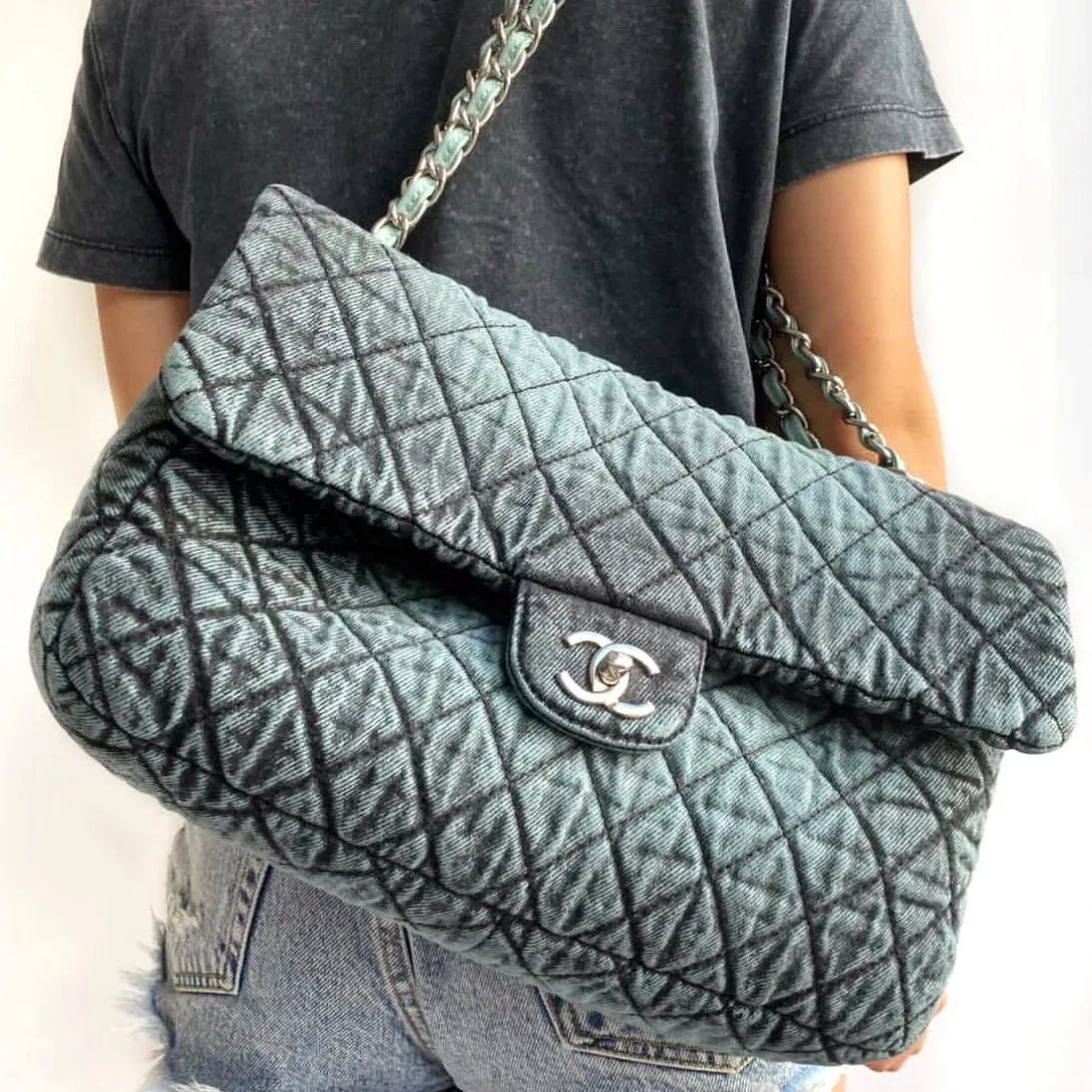 20C Denimpression Flap Bag in Aged Blue Denim