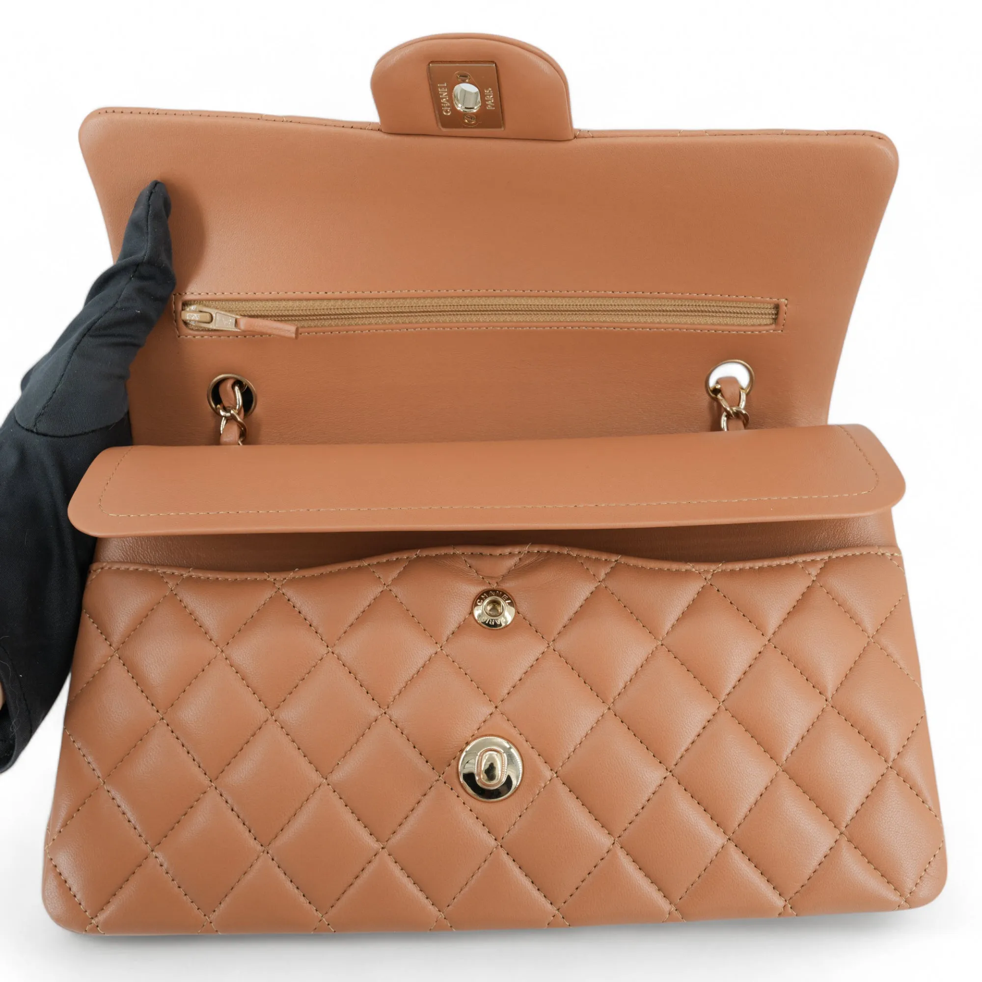 21P Caramel Lambskin Medium Classic Double Flap Bag