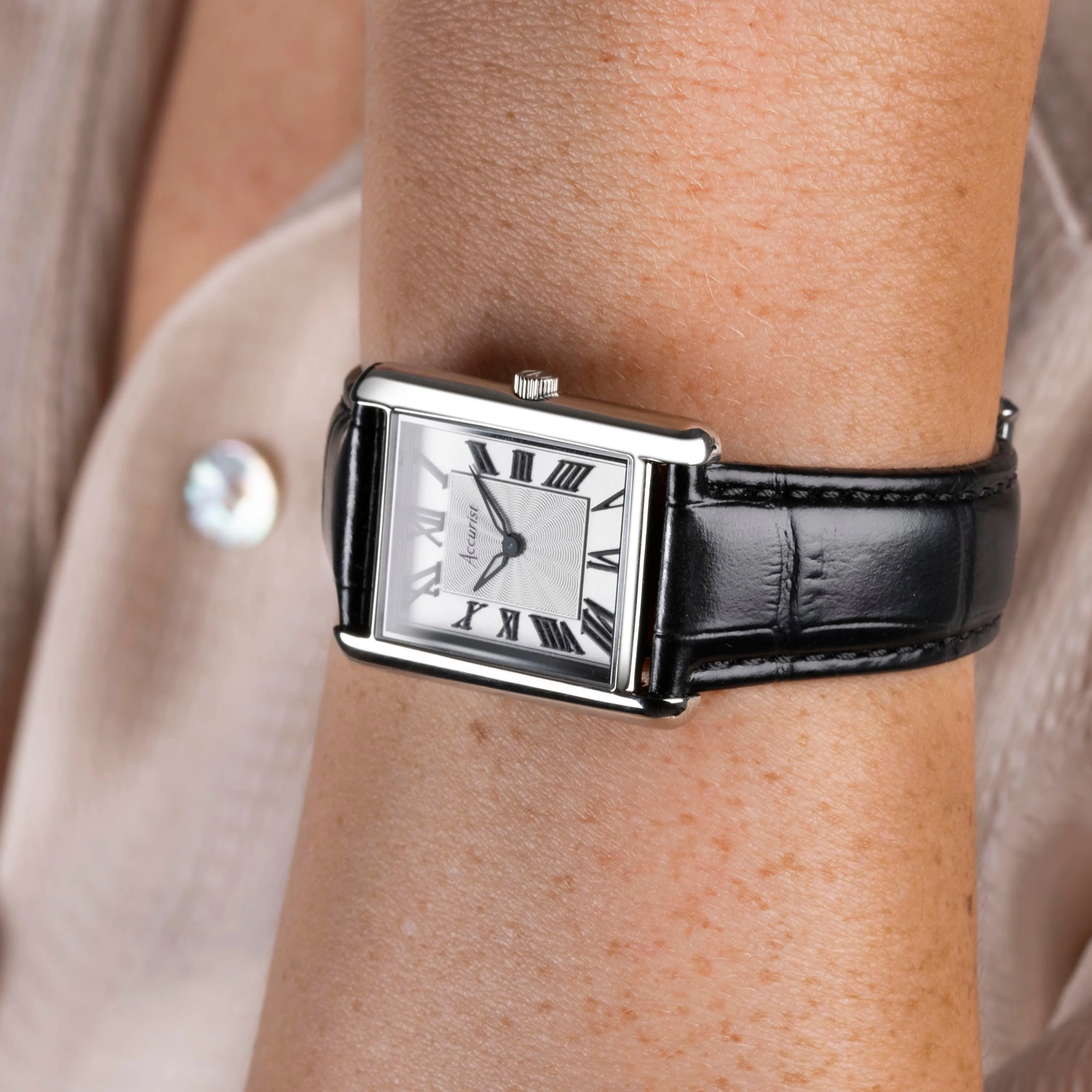 Accurist Rectangle Ladies Watch | Silver Case & Black Leather Strap with White Dial | 26mm