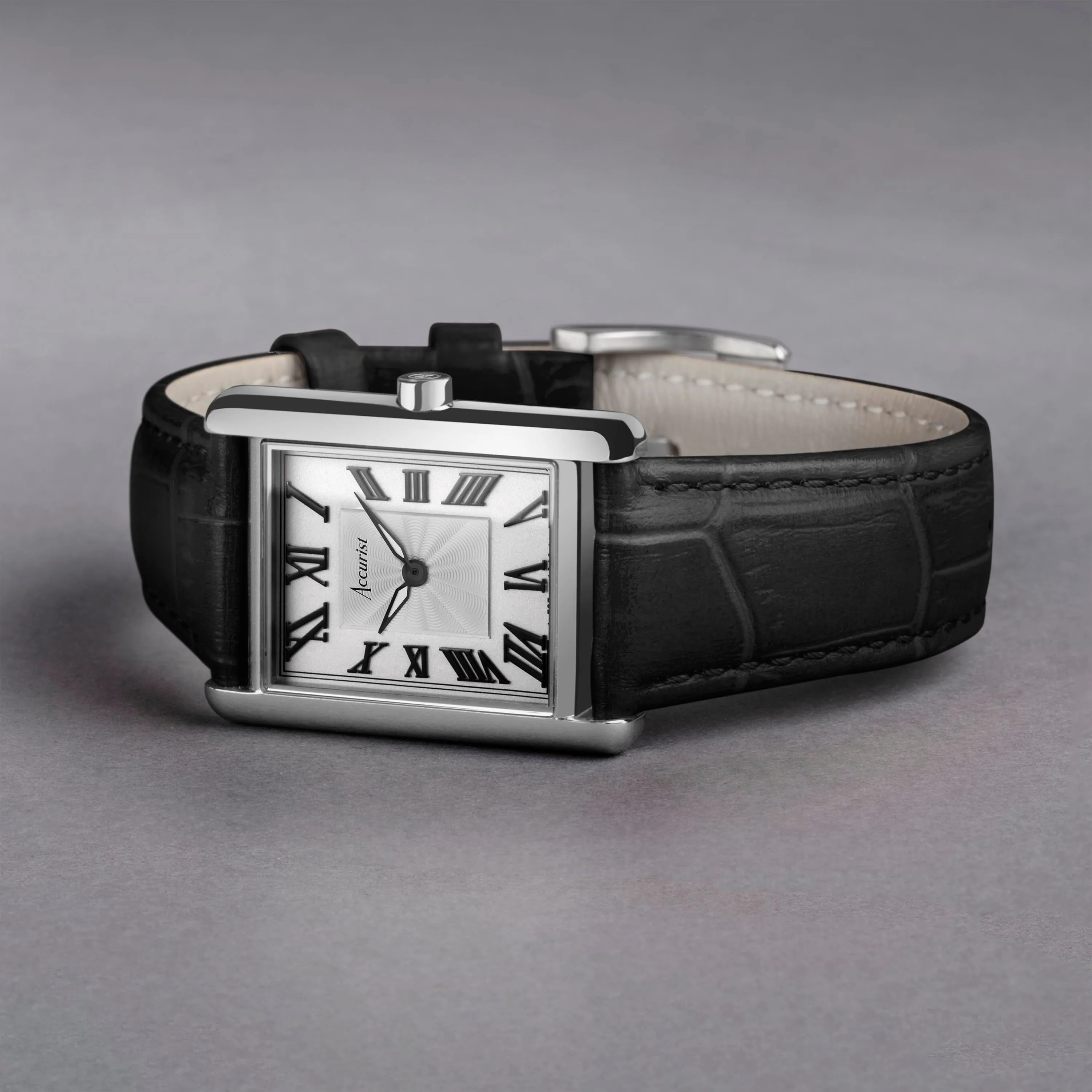 Accurist Rectangle Ladies Watch | Silver Case & Black Leather Strap with White Dial | 26mm
