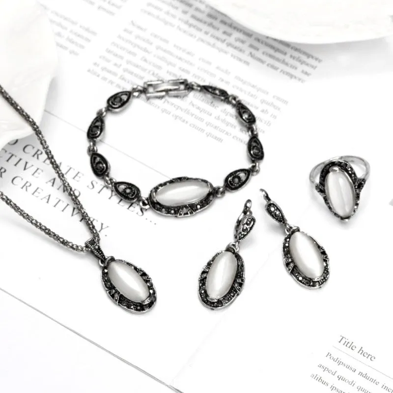 Antique Silver Opal Gemstone Jewelry Set Women Anniverssary Jewelry