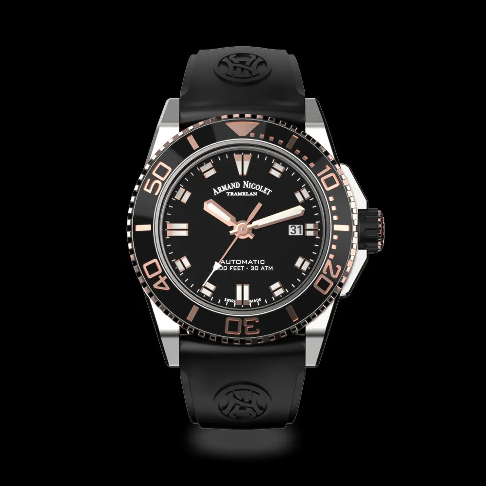 ARMAND NICOLET JS9-44 MEN'S AUTOMATIC BLACK STRAP BLACK DIAL WATCH