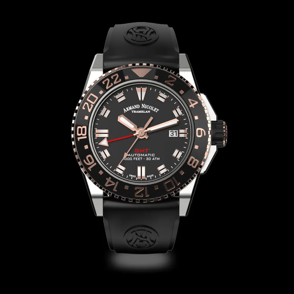 ARMAND NICOLET JS9-44 MEN'S AUTOMATIC BLACK STRAP BLACK DIAL WATCH