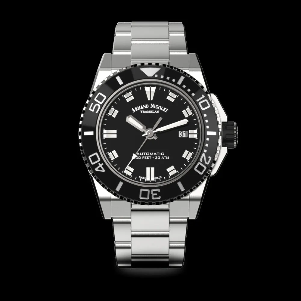 ARMAND NICOLET JS9-44 MEN'S AUTOMATIC STEEL BRACELET BLACK DIAL WATCH
