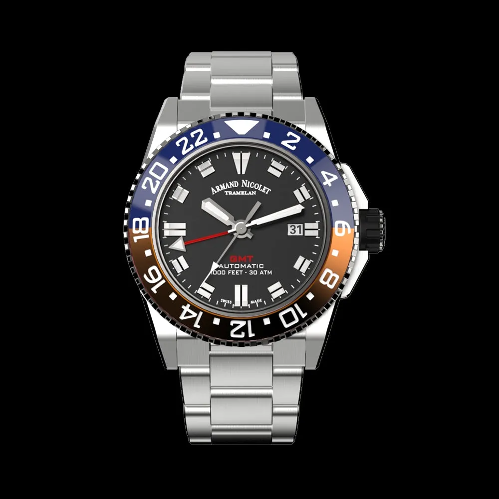 ARMAND NICOLET JS9-44 MEN'S AUTOMATIC STEEL BRACELET BLACK DIAL WATCH
