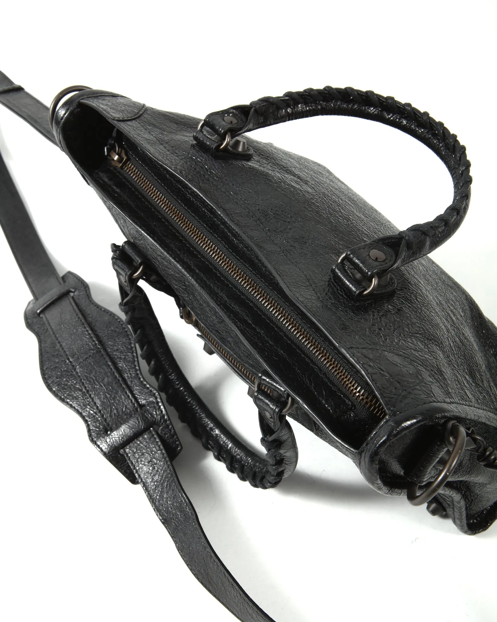 Balenciaga Black Crinkled Leather Motocross Classic Small City Bag