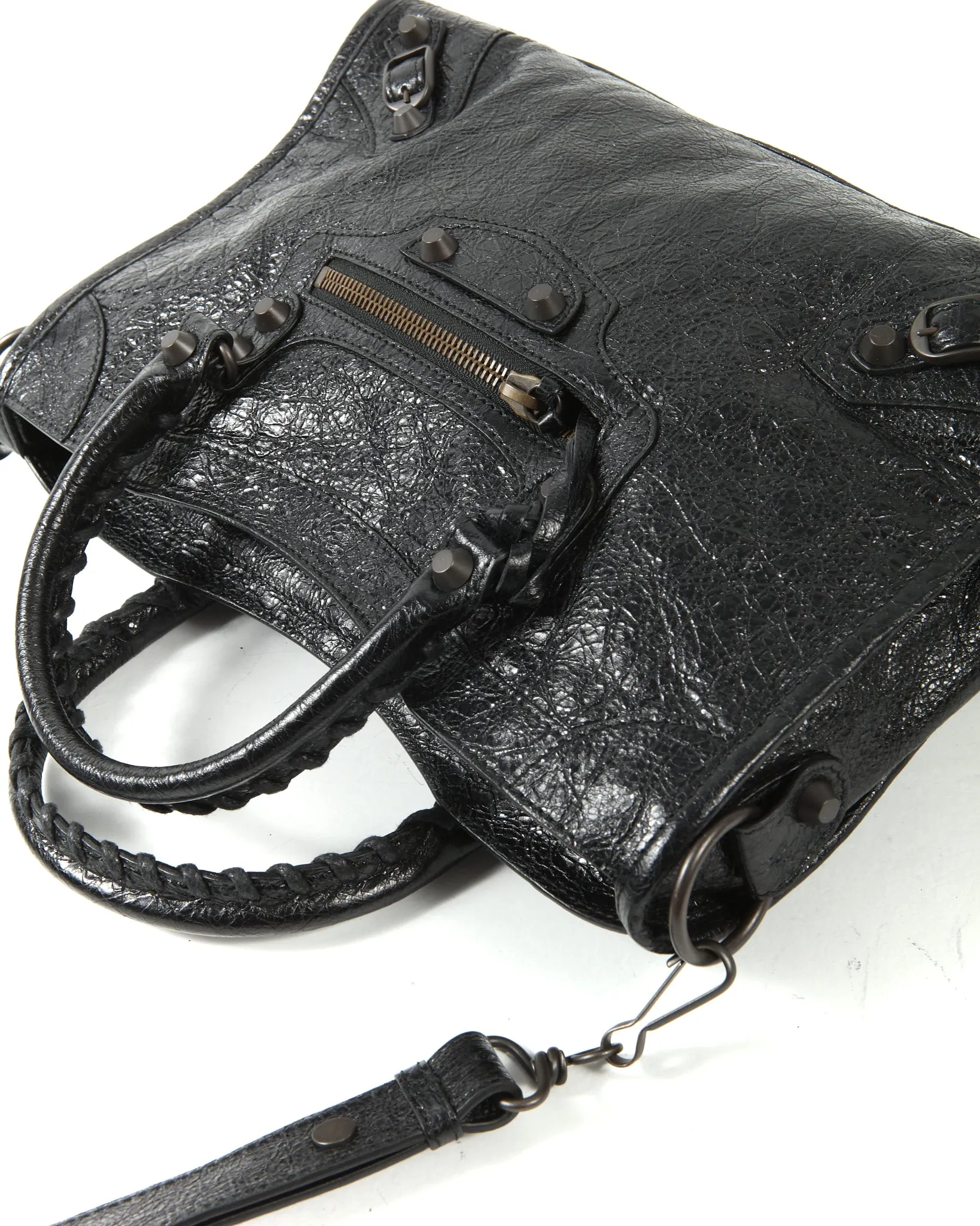 Balenciaga Black Crinkled Leather Motocross Classic Small City Bag