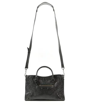 Balenciaga Black Crinkled Leather Motocross Classic Small City Bag