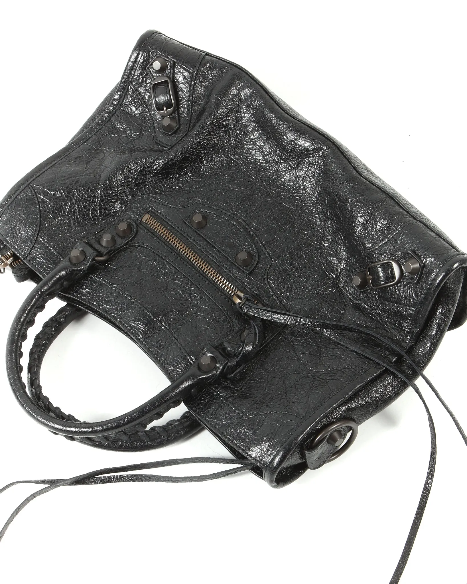 Balenciaga Black Crinkled Leather Motocross Classic Small City Bag