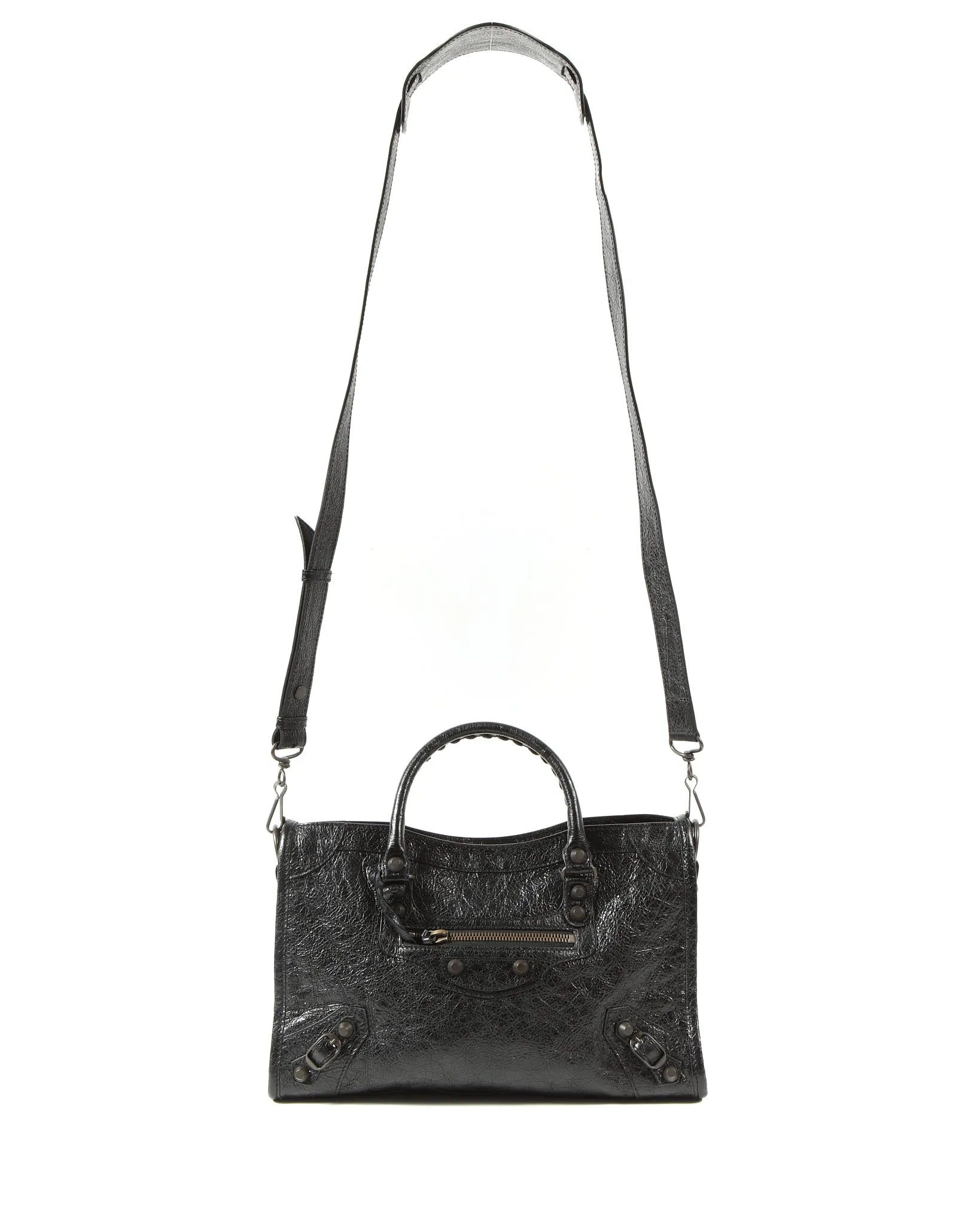 Balenciaga Black Crinkled Leather Motocross Classic Small City Bag