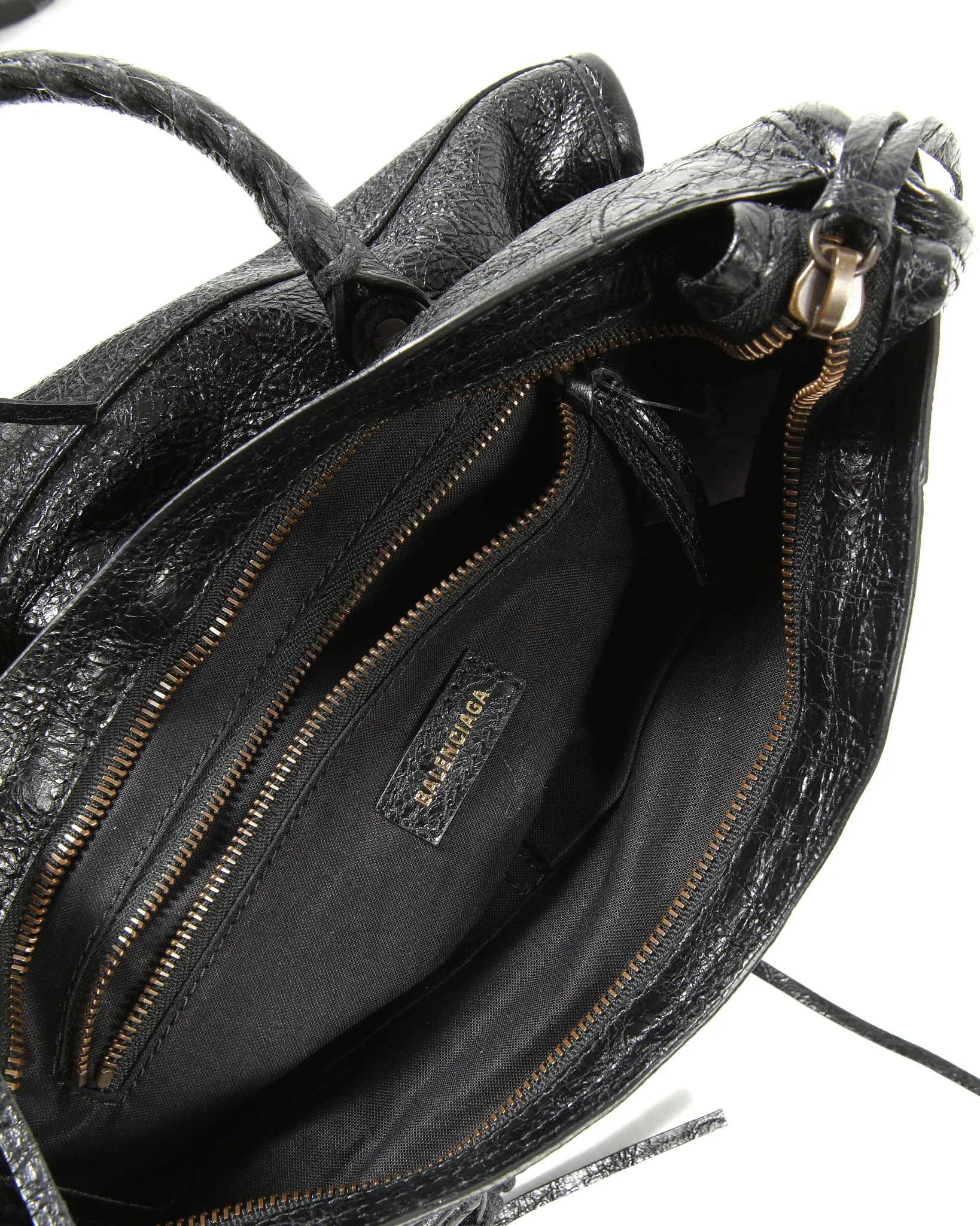Balenciaga Black Crinkled Leather Motocross Classic Small City Bag