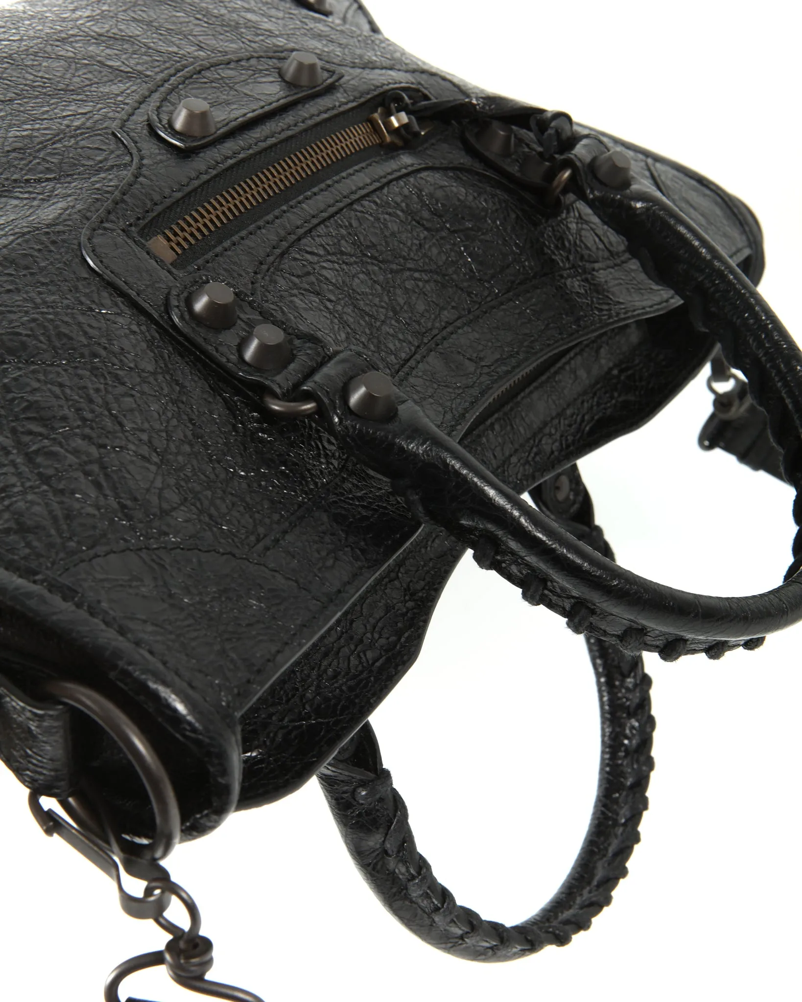 Balenciaga Black Crinkled Leather Motocross Classic Small City Bag