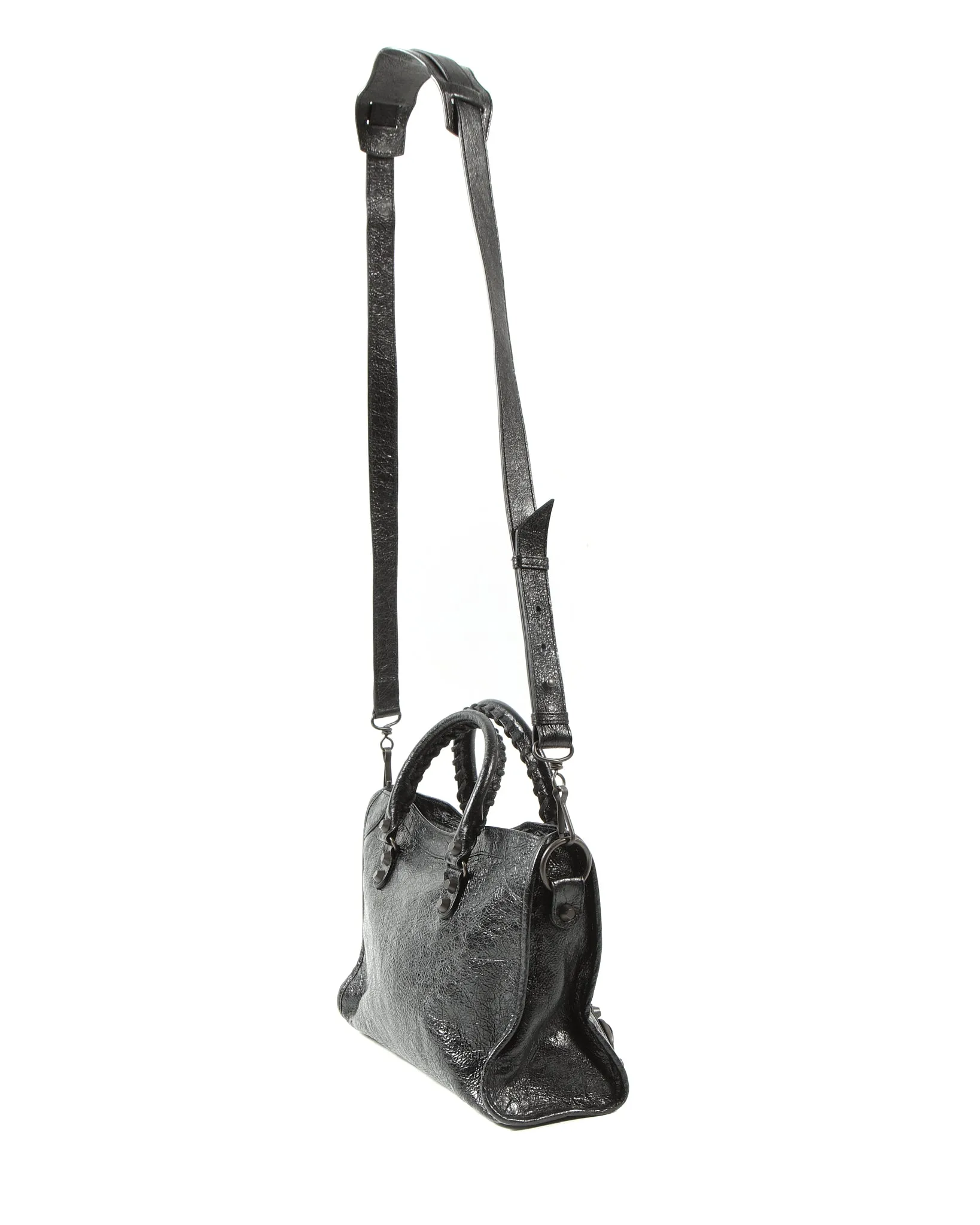 Balenciaga Black Crinkled Leather Motocross Classic Small City Bag