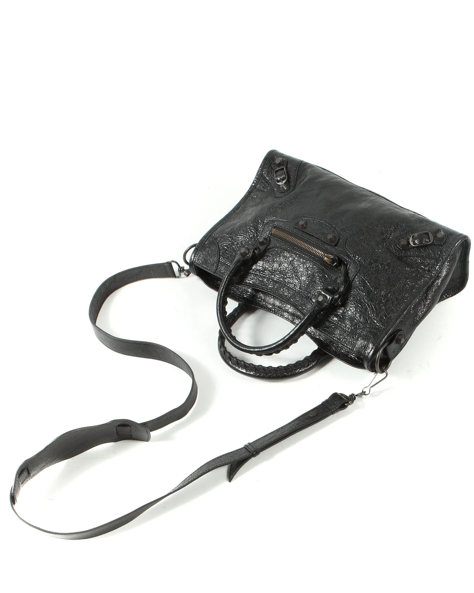 Balenciaga Black Crinkled Leather Motocross Classic Small City Bag