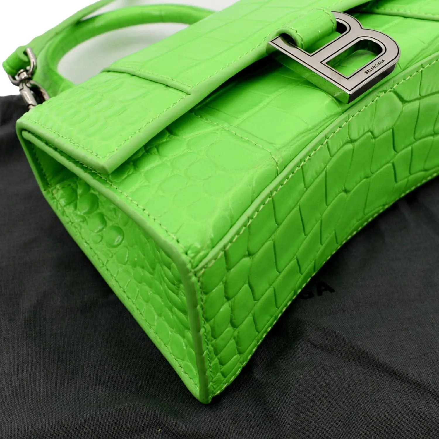 BALENCIAGA Small Hourglass Crocodile Embossed Top Handle Shoulder Bag Green