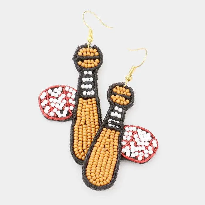 Baseball Bat Ball Seed Beaded Dangle Earrings