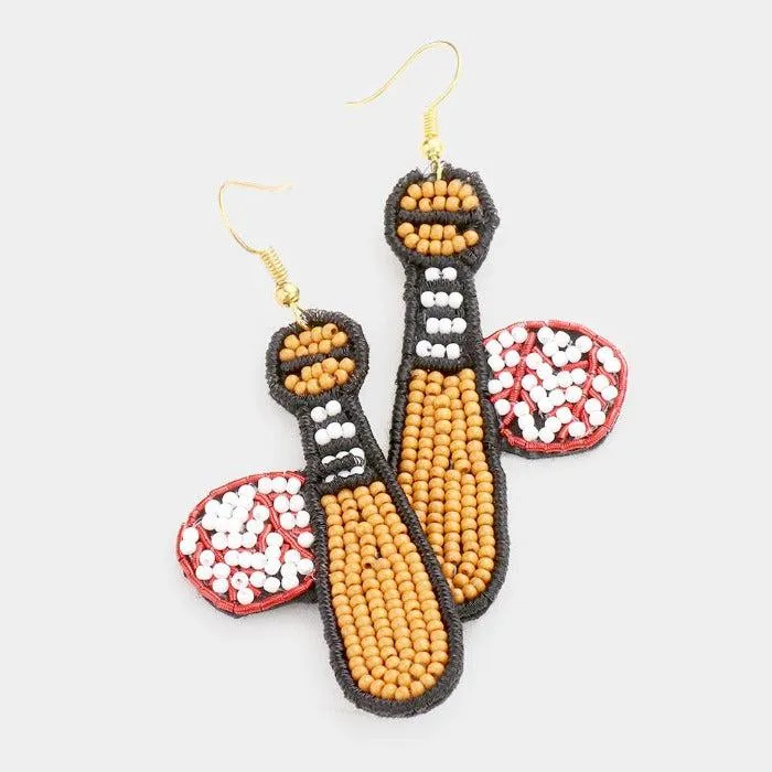 Baseball Bat Ball Seed Beaded Dangle Earrings