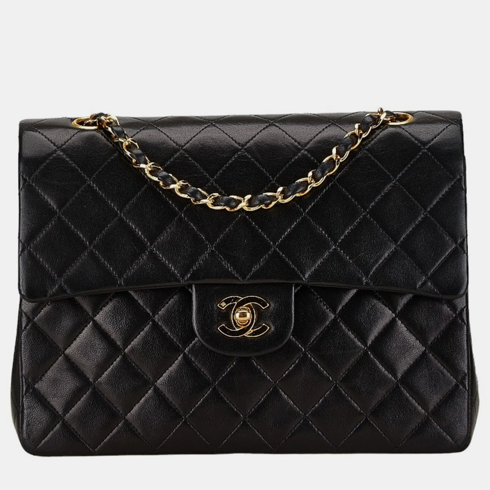 Black Lambskin Leather Medium Classic Double Flap Shoulder Bags