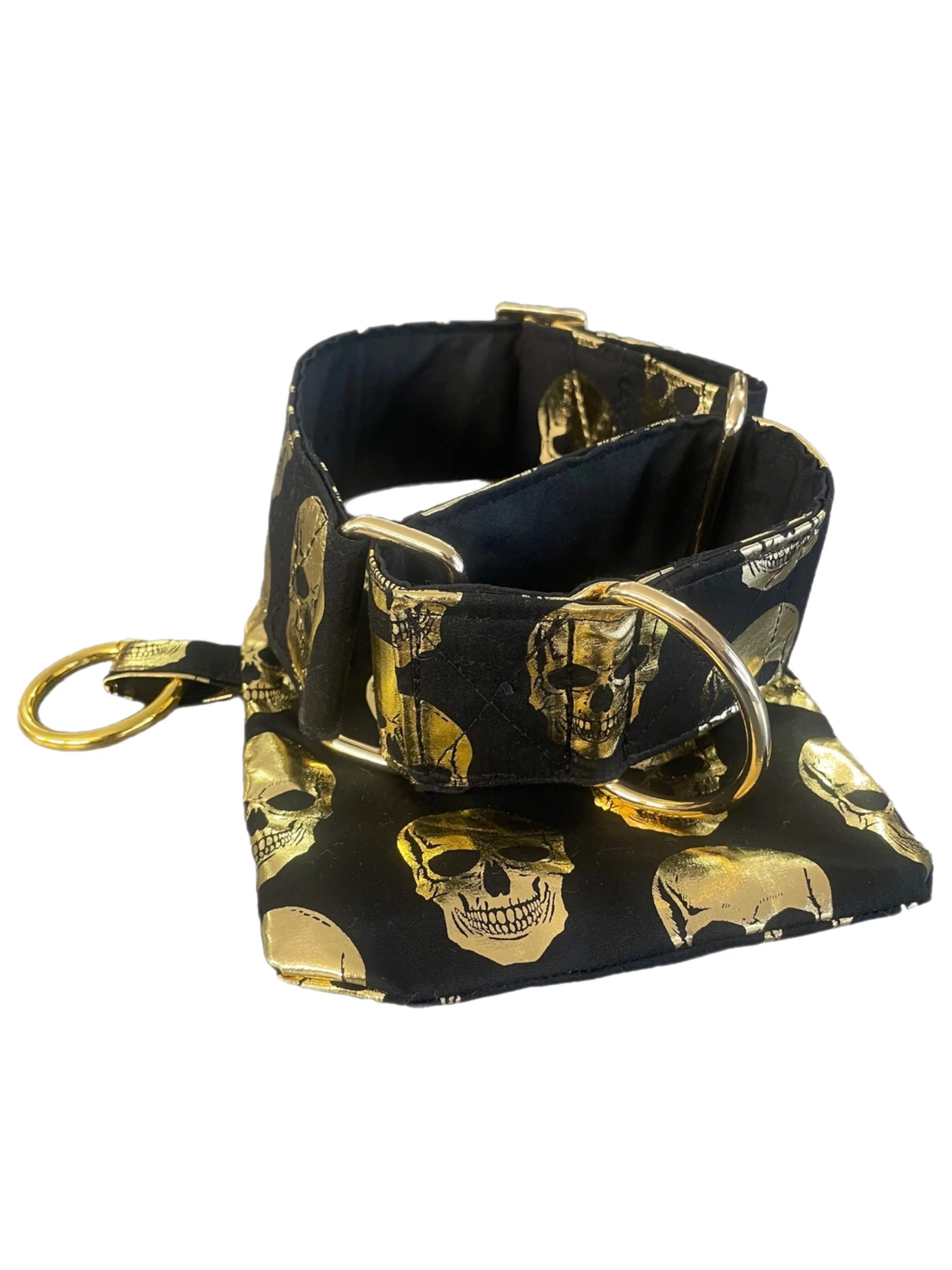 Black Martingale collar with metallic golden skulls 50mm width