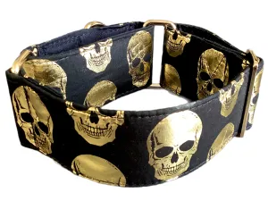 Black Martingale collar with metallic golden skulls 50mm width