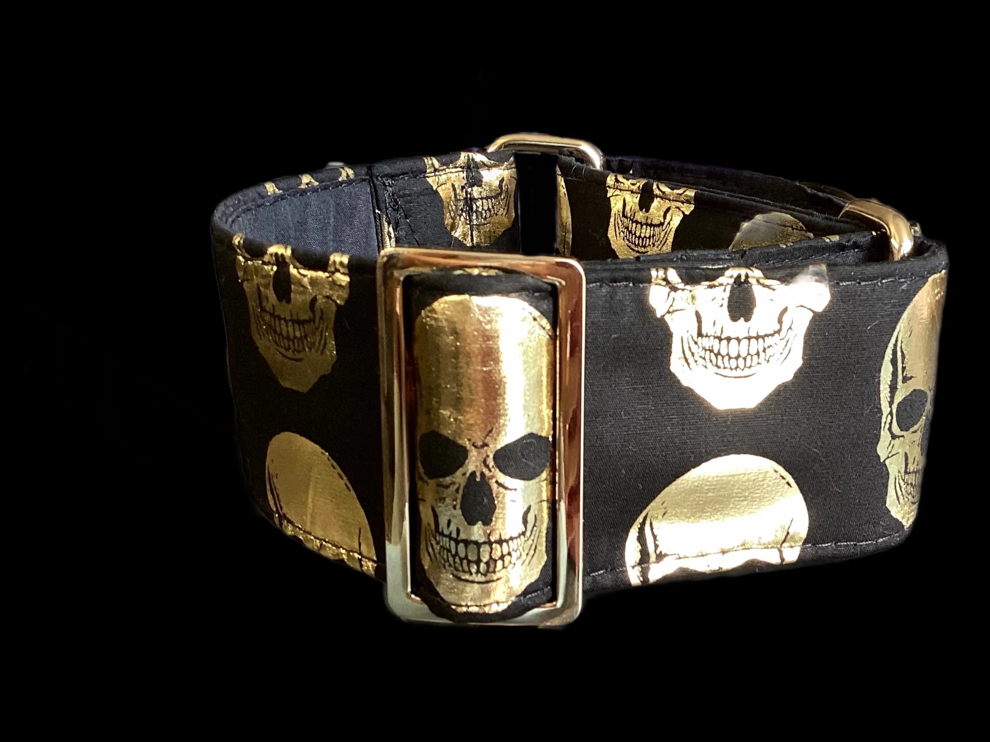 Black Martingale collar with metallic golden skulls 50mm width