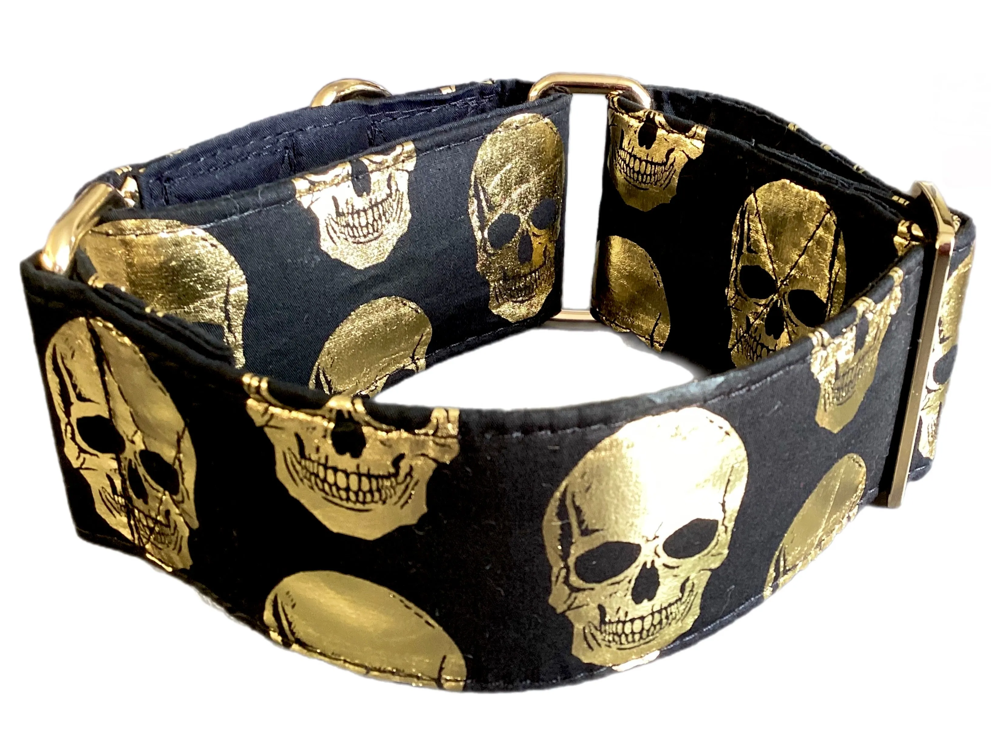 Black Martingale collar with metallic golden skulls 50mm width