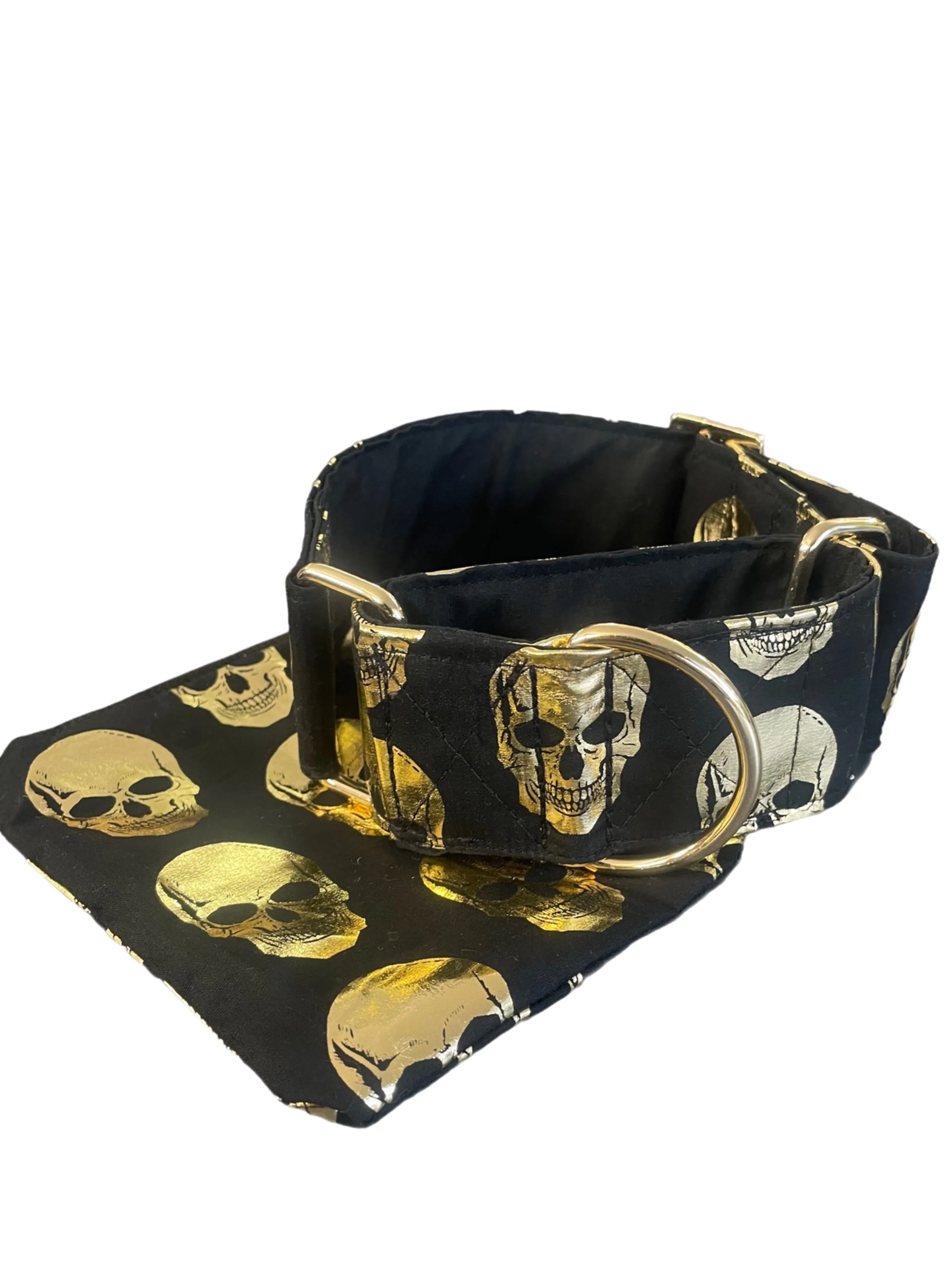 Black Martingale collar with metallic golden skulls 50mm width