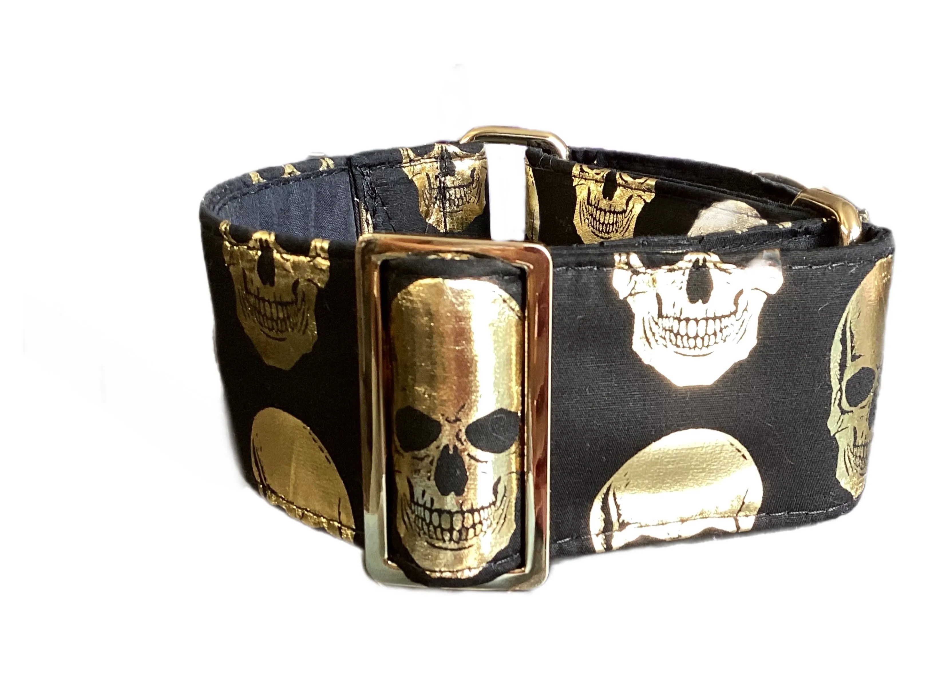 Black Martingale collar with metallic golden skulls 50mm width