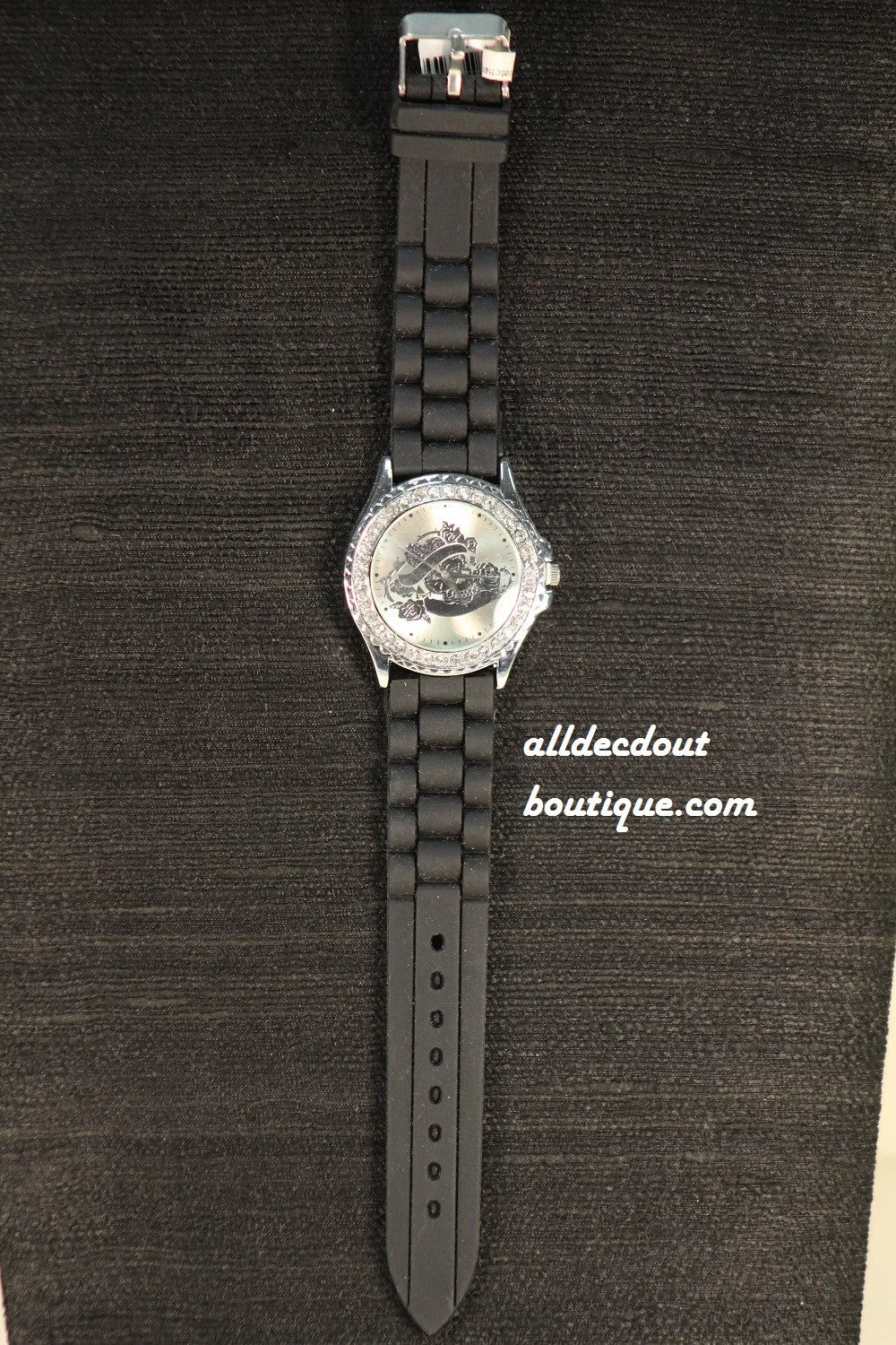 Black/Sheen Hearts & Roses Clear Rhinestones | Silicone Band