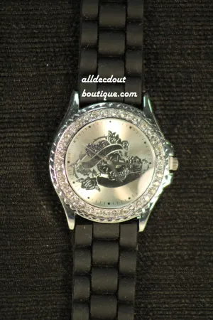 Black/Sheen Hearts & Roses Clear Rhinestones | Silicone Band