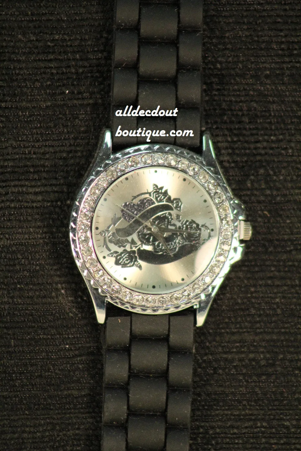 Black/Sheen Hearts & Roses Clear Rhinestones | Silicone Band