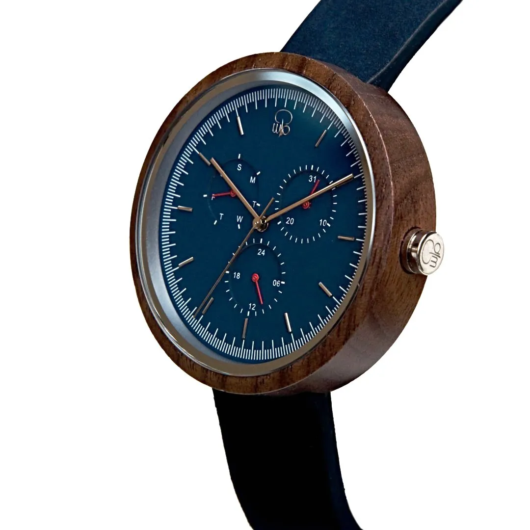 Bondi Black Walnut Multifunction Wood Watch - Dark Sapphire Dial, Sapphire Crystal, Japanese Quartz Movement | Explorer Series