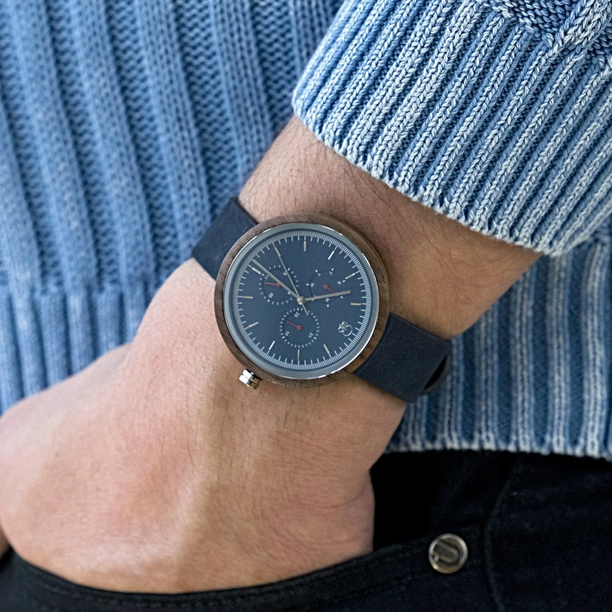 Bondi Black Walnut Multifunction Wood Watch - Dark Sapphire Dial, Sapphire Crystal, Japanese Quartz Movement | Explorer Series