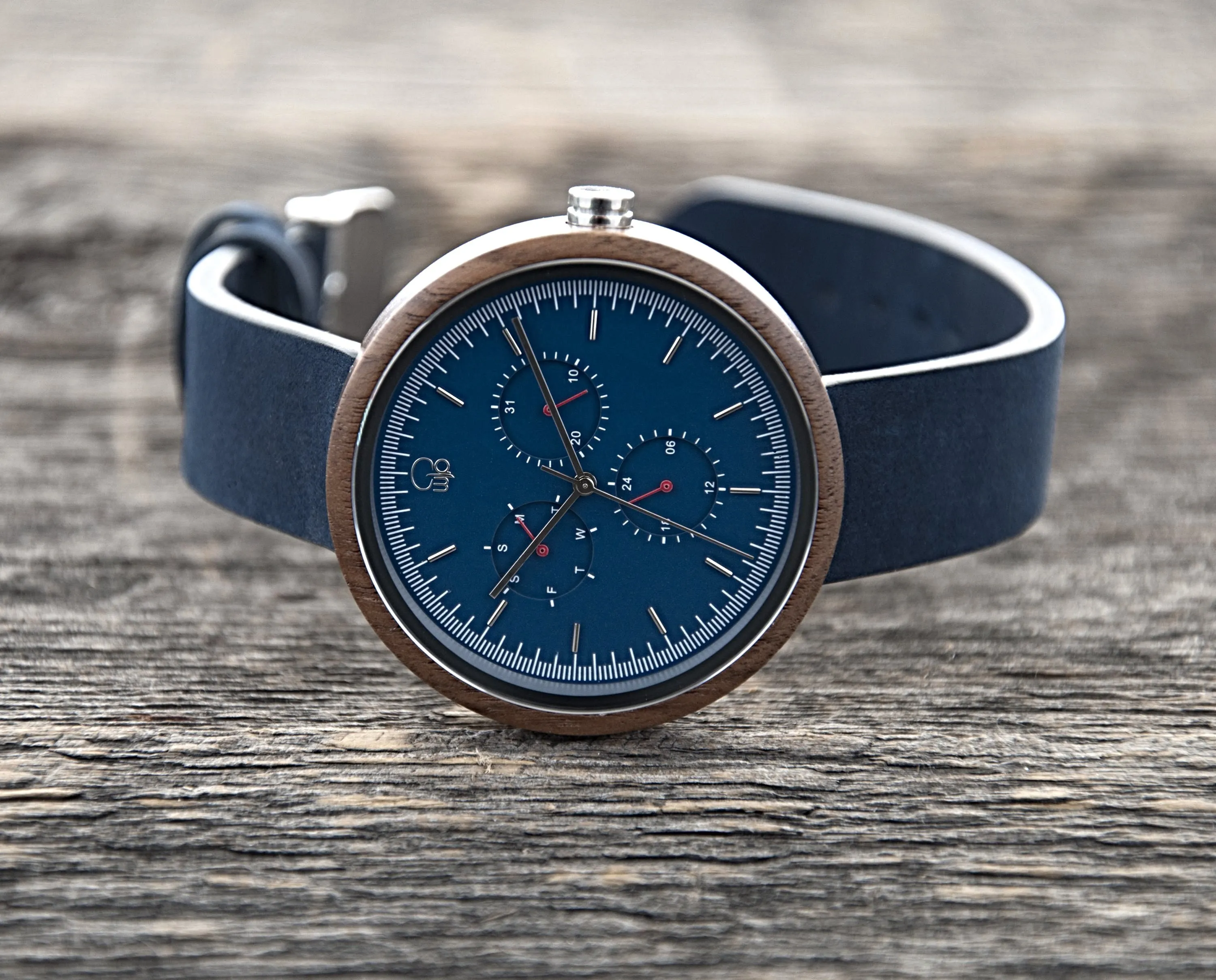 Bondi Black Walnut Multifunction Wood Watch - Dark Sapphire Dial, Sapphire Crystal, Japanese Quartz Movement | Explorer Series