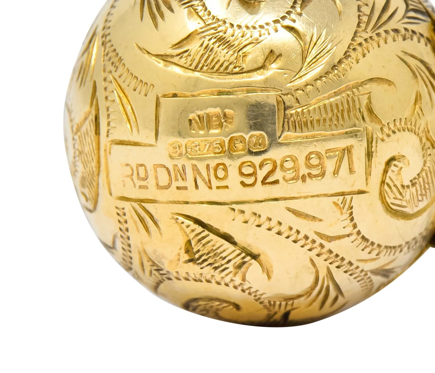 British 9 Karat Yellow Gold Engraved Ball Locket Pendant