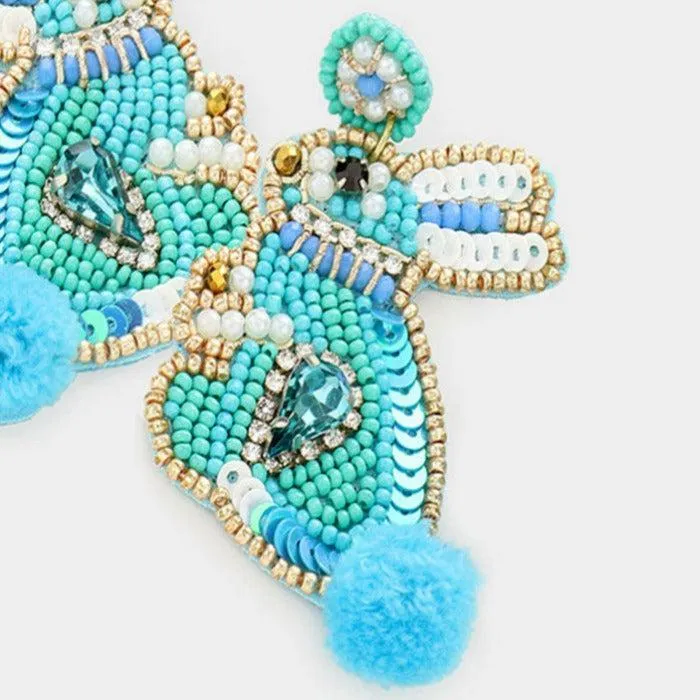 Bunny Turquoise Pom Poms Seed Bead Earrings