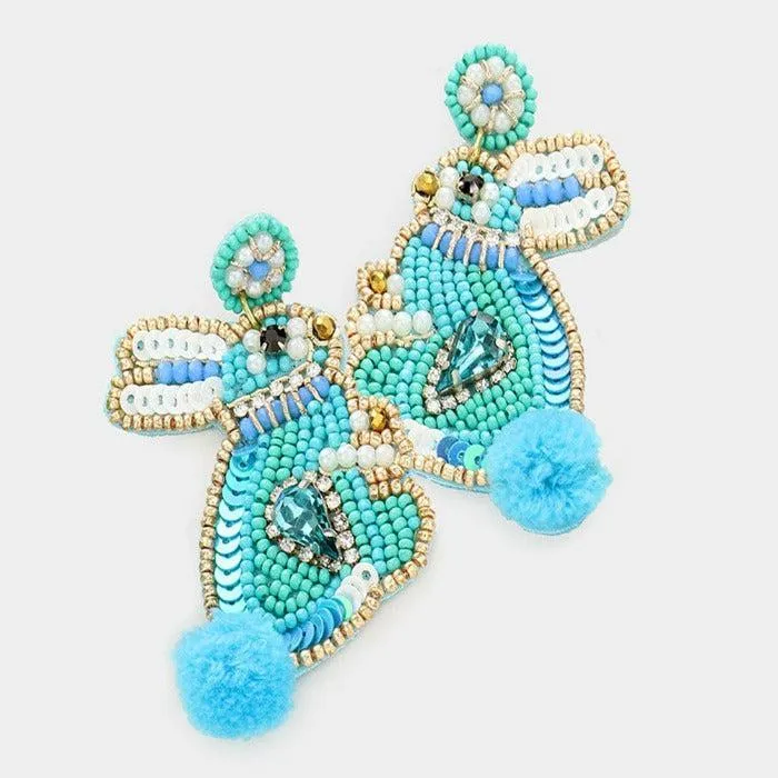 Bunny Turquoise Pom Poms Seed Bead Earrings