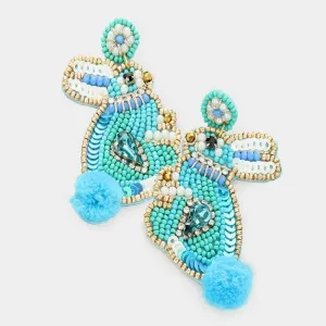 Bunny Turquoise Pom Poms Seed Bead Earrings