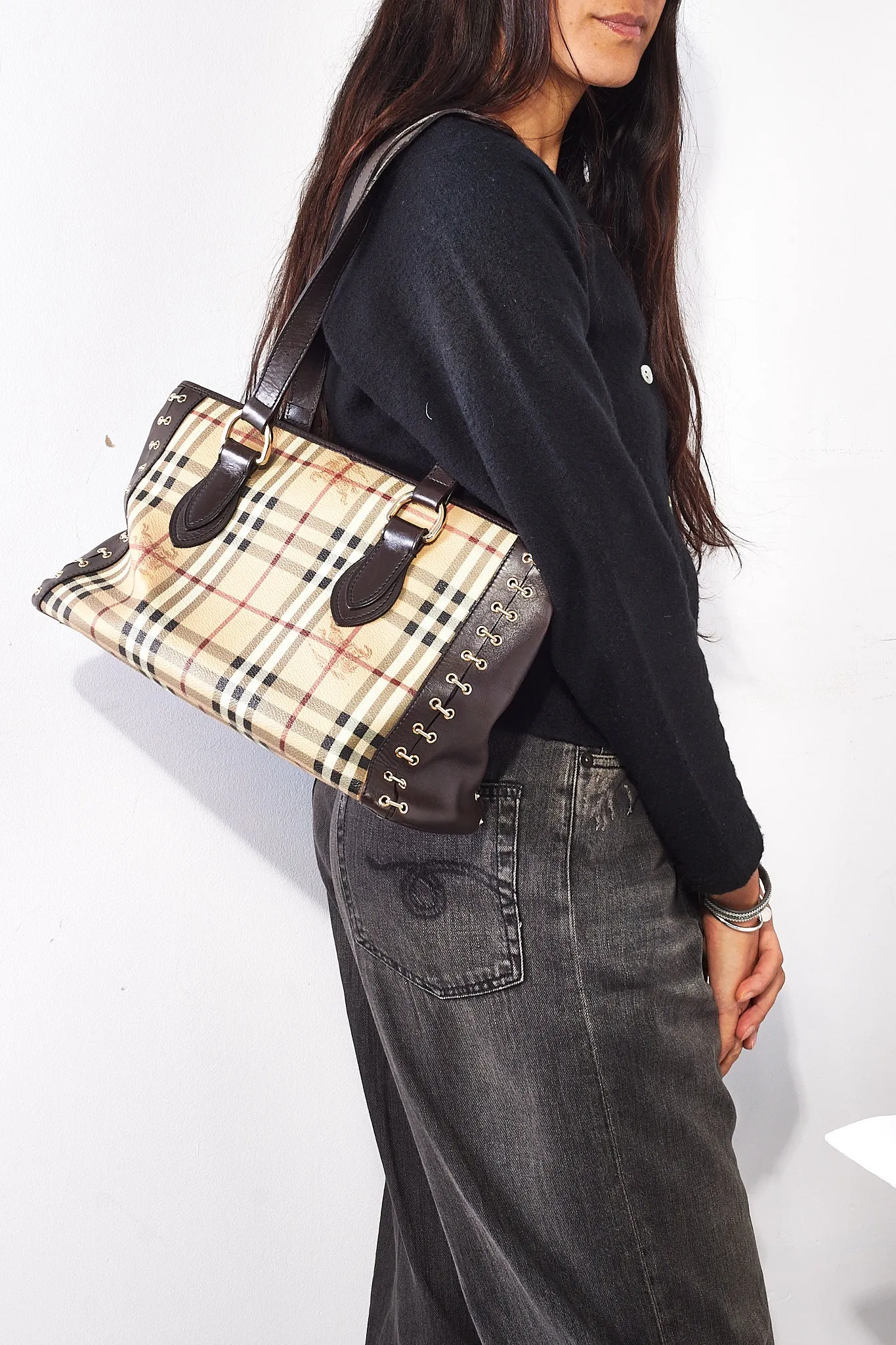 Burberry Brown Haymarket Coated Canvas Tote Bag