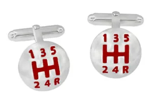 Car Drivers Gear Shift Cufflinks in Sterling Silver with Red Enamel - Cuff Links