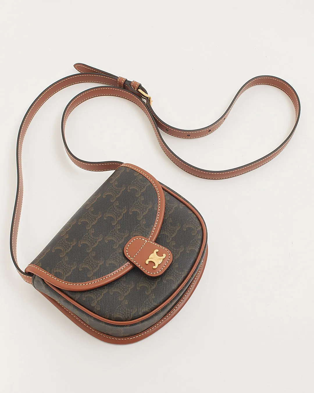 Celine Triomphe Coated Canvas / Tan Leather Trim Mini Besace Crossbody