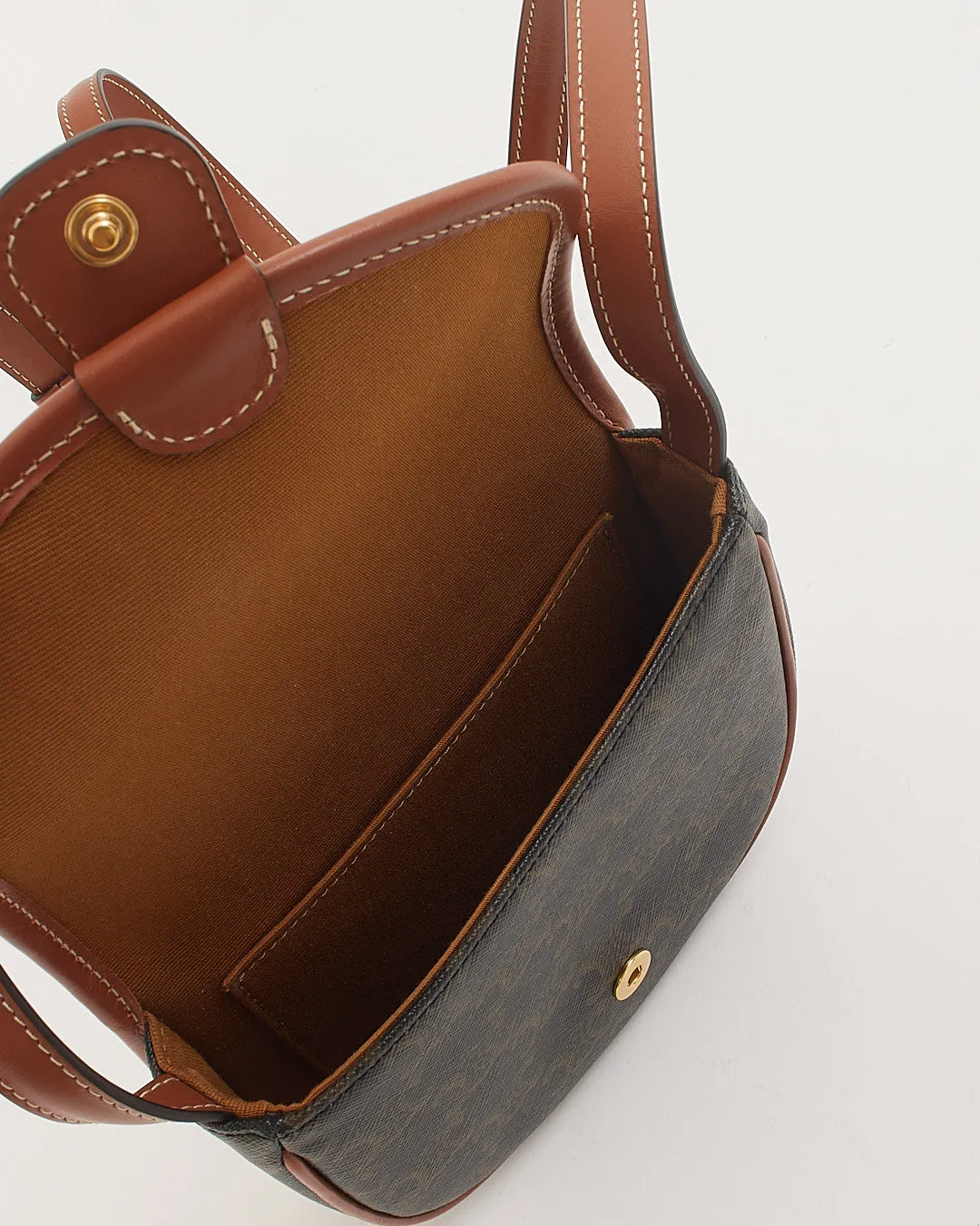 Celine Triomphe Coated Canvas / Tan Leather Trim Mini Besace Crossbody