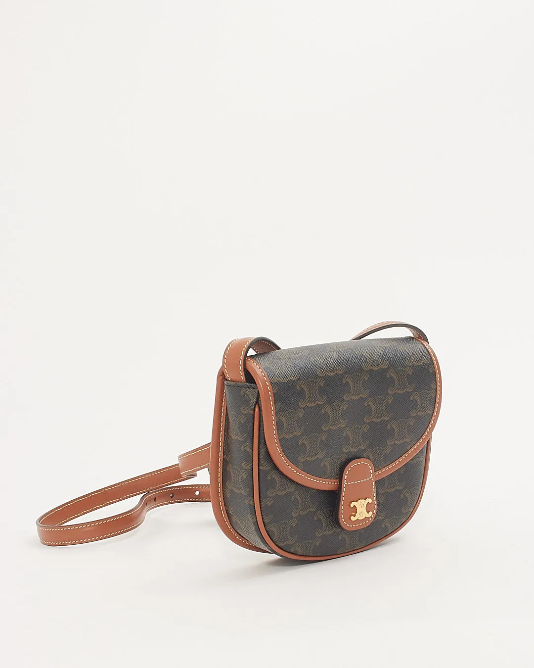 Celine Triomphe Coated Canvas / Tan Leather Trim Mini Besace Crossbody