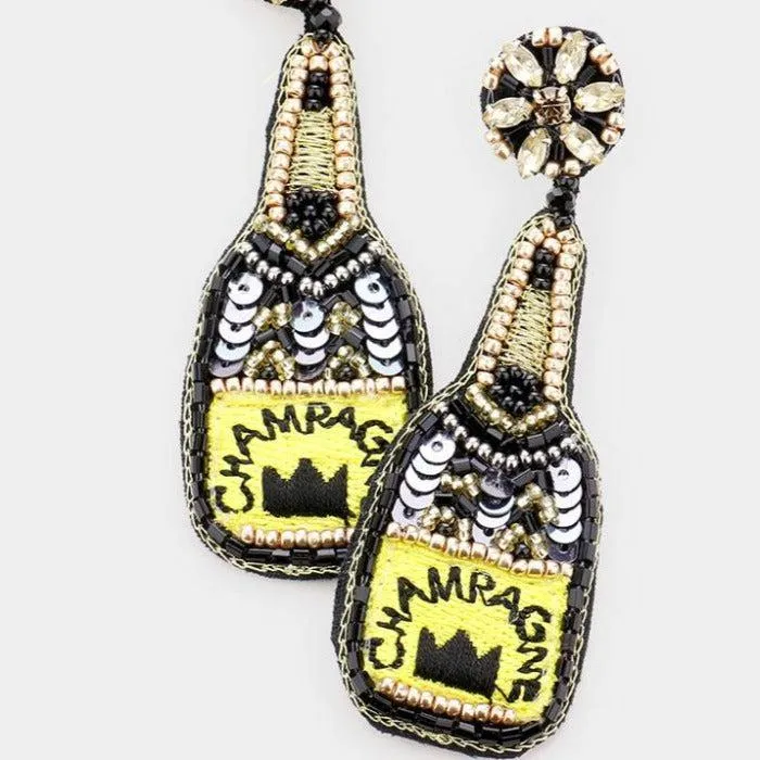 Champagne Black Sequin Crown Seed Bead Earrings
