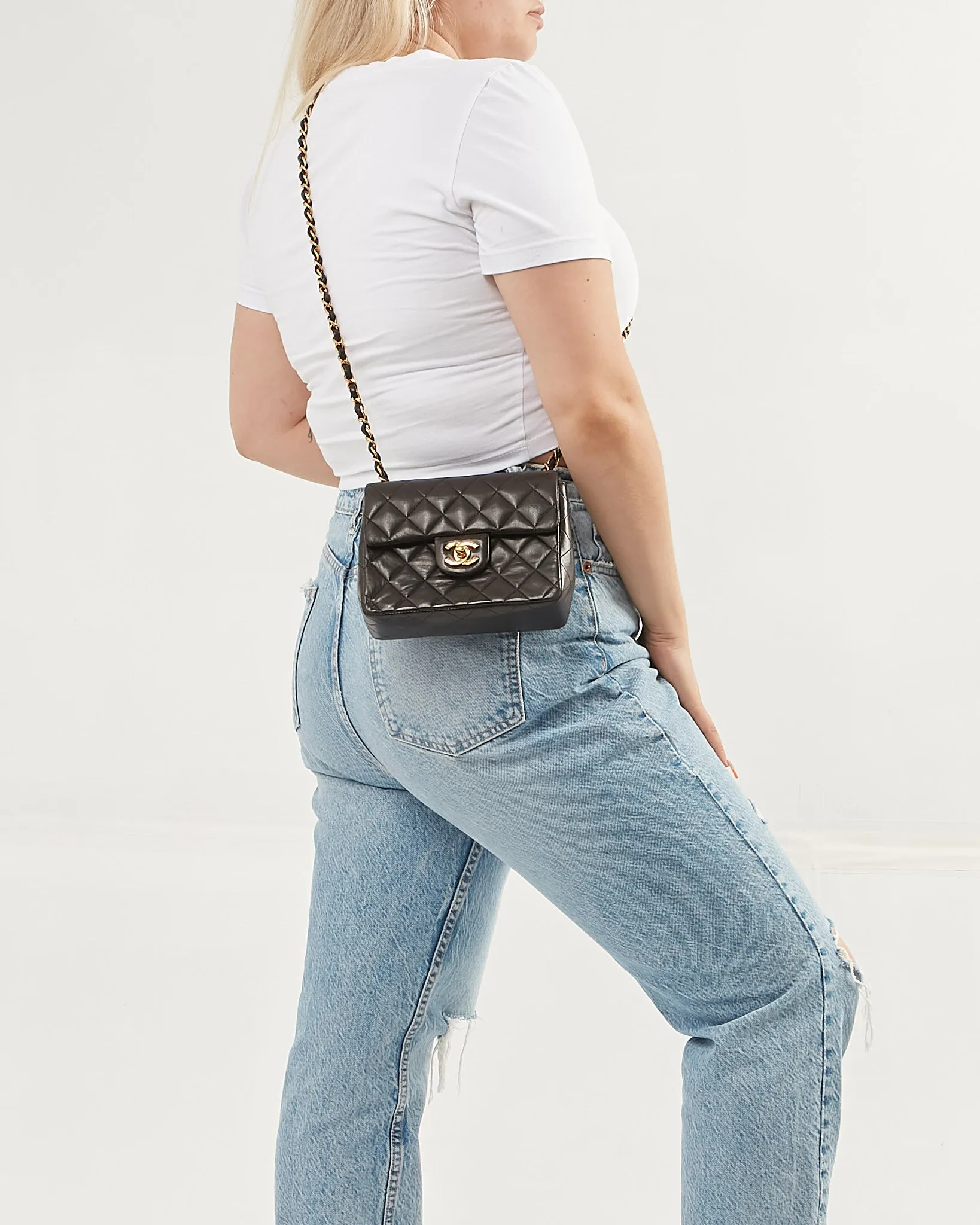 Chanel Black Lambskin Quilted 24K Gold Square Flap Bag