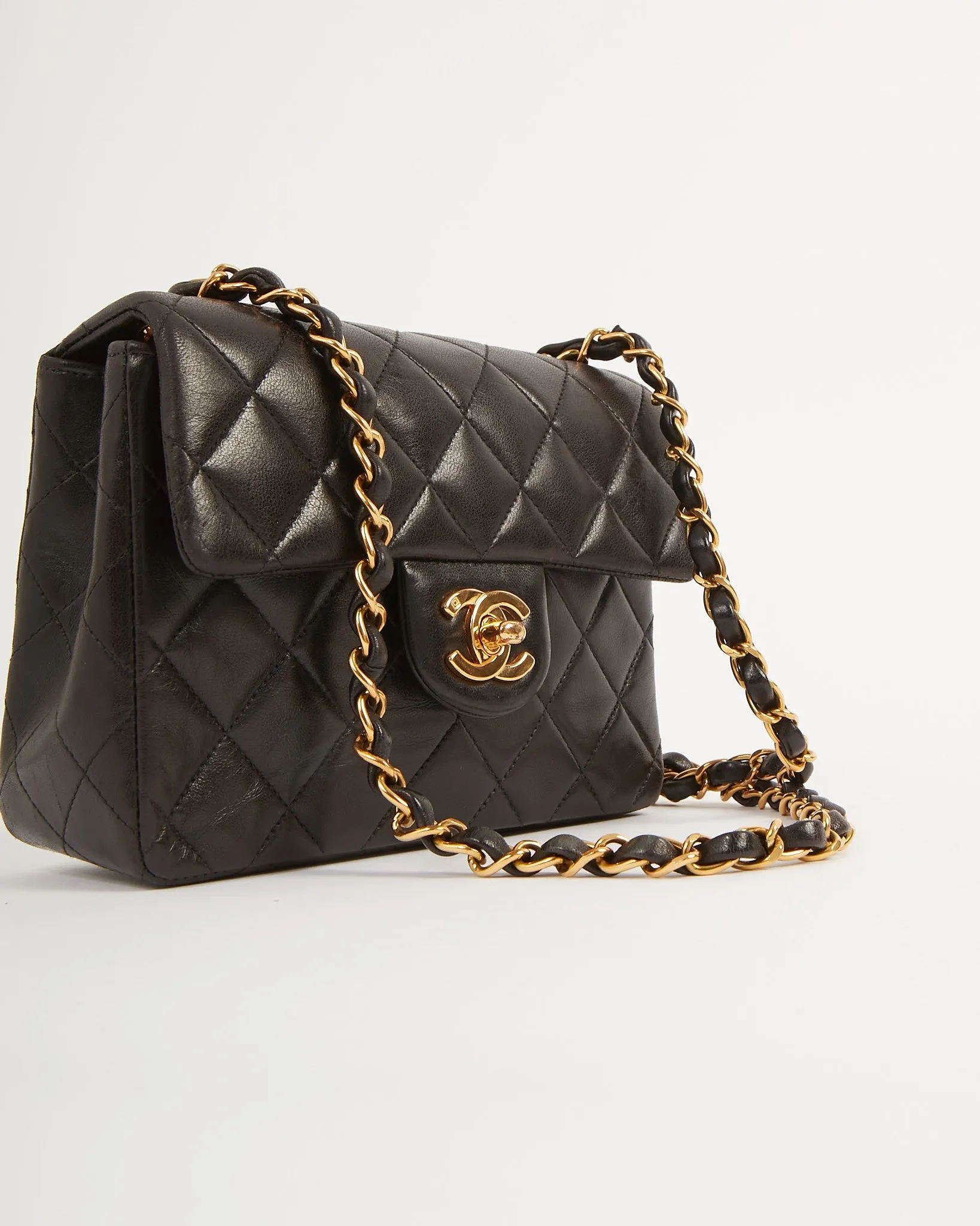 Chanel Black Lambskin Quilted 24K Gold Square Flap Bag