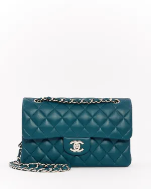 Chanel Blue Lambskin Leather Small Classic Double Flap Bag with Silver Hardware