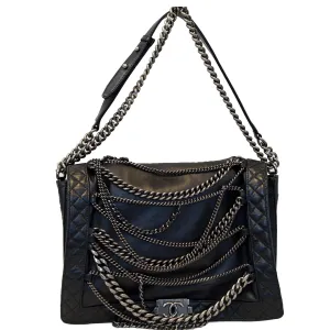 CHANEL Boy Enchained Large Calfskin Leather Flap Shoulder Bag Black