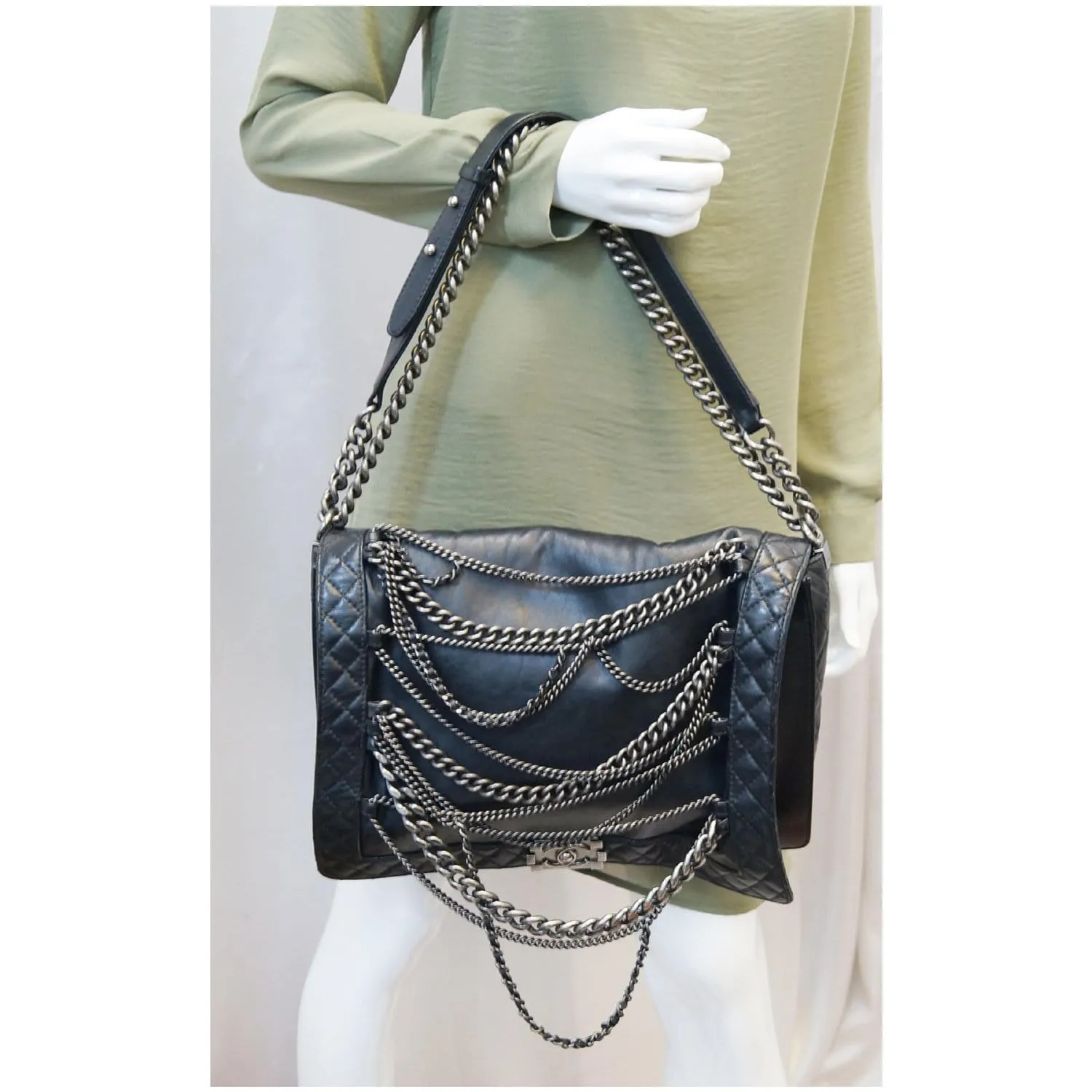 CHANEL Boy Enchained Large Calfskin Leather Flap Shoulder Bag Black