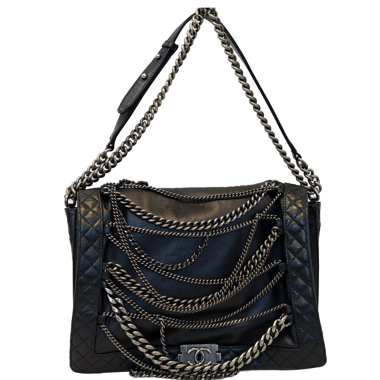 CHANEL Boy Enchained Large Calfskin Leather Flap Shoulder Bag Black